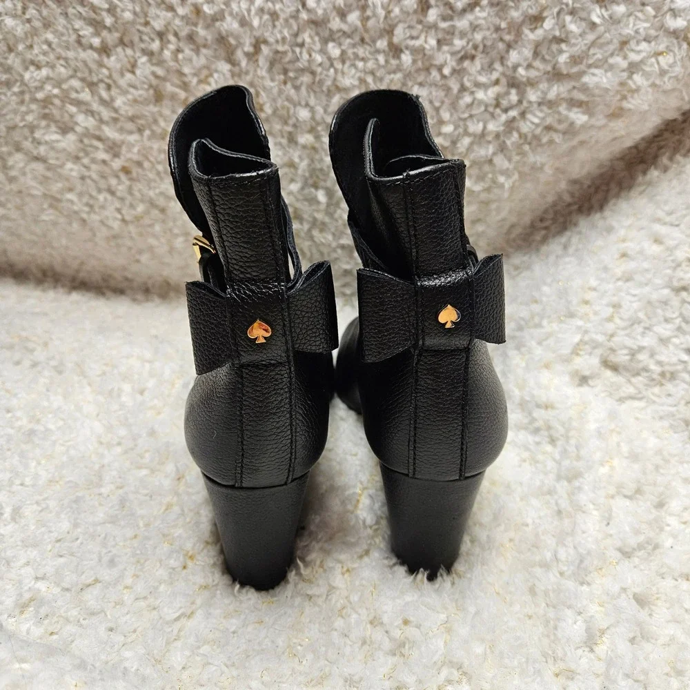 Kate Spade Black Leather Buckle Logo Bow Ankle Boots sz 9